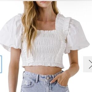 Endless Rose White Ruffled Blouse with Puff Sleeves